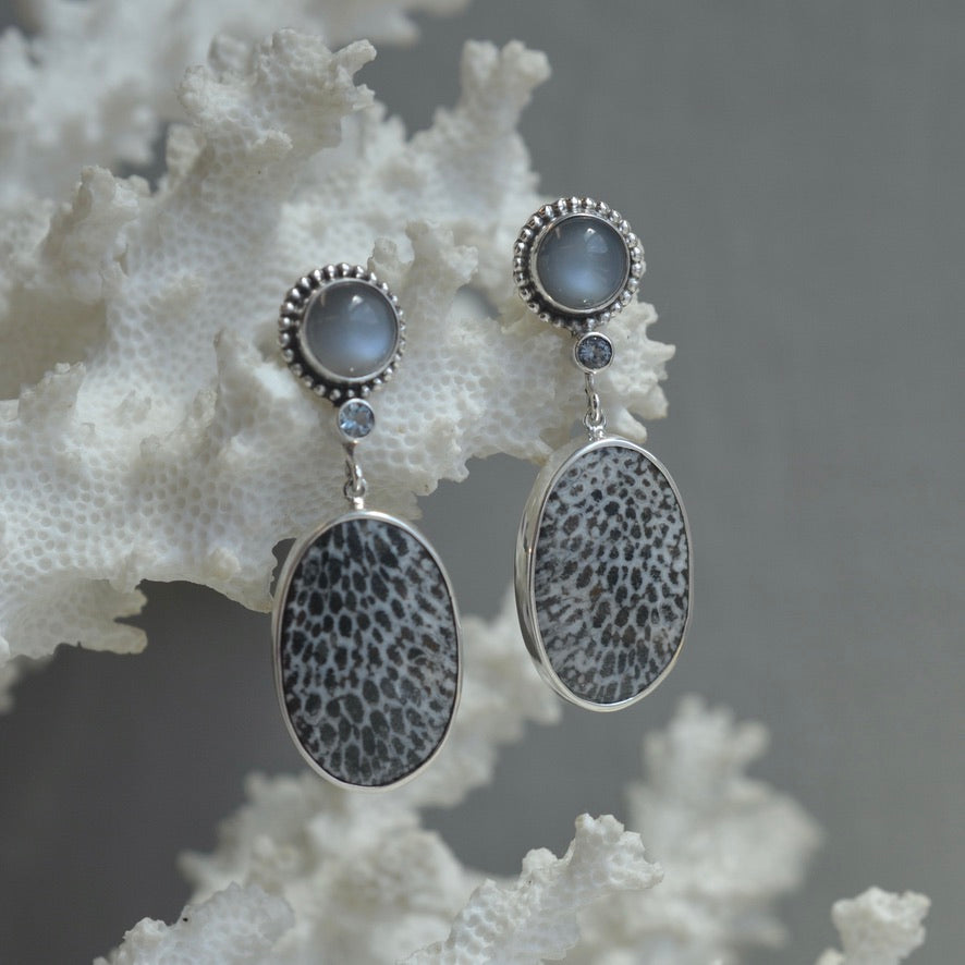 
                  
                    Moonstone & Fossilized Coral Earrings
                  
                