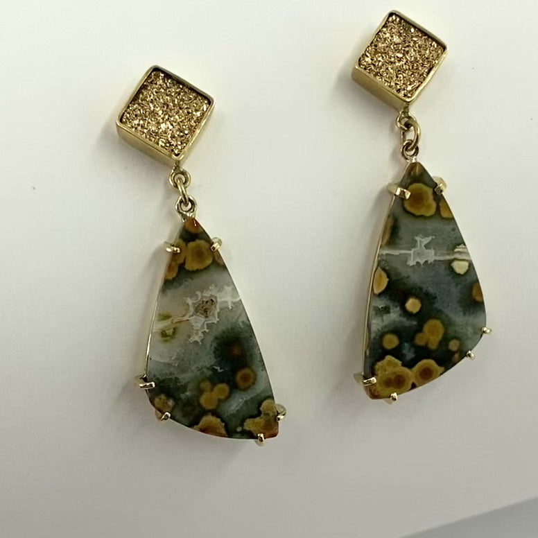 
                  
                    Load and play video in Gallery viewer, Jasper Gold Druzy Earrings
                  
                
