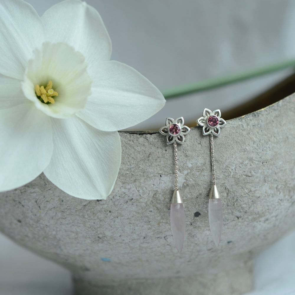
                  
                    Flower and Rose Quartz Drop Earrings
                  
                